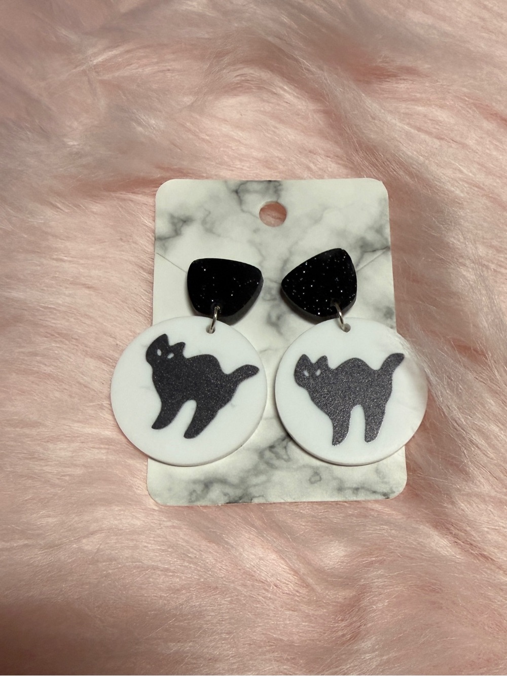 Black Cat Dangle Earrings - White & Black Cat Silhouette
